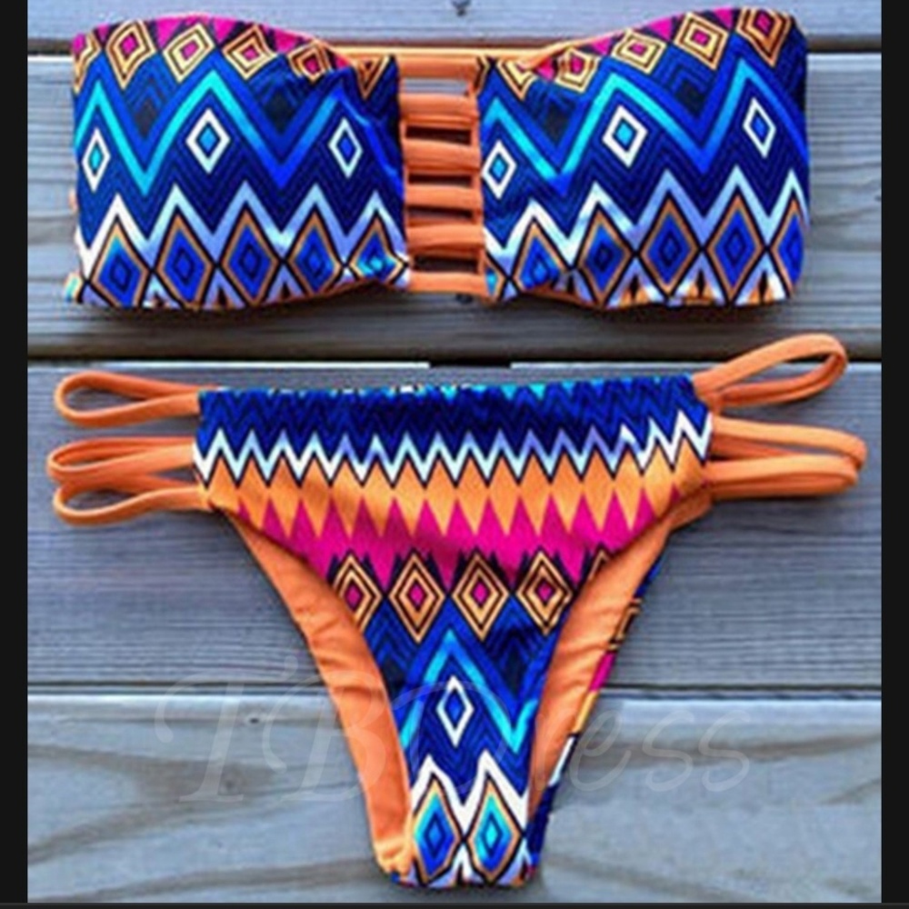 geometric print orange blue ladder hollow bikini